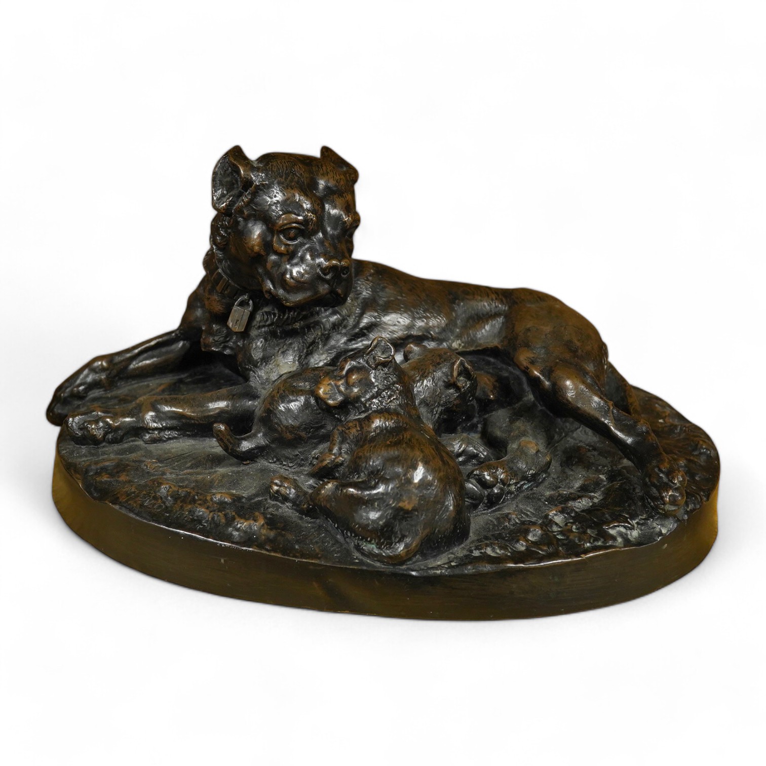 After W. Wolfe, a resin Bull Mastiff dog group, 34cm wide. Condition - poor